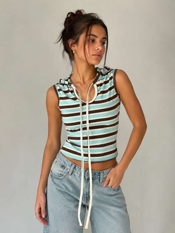 STRIPED HOLLLOW OUT DRAWSTING TOP